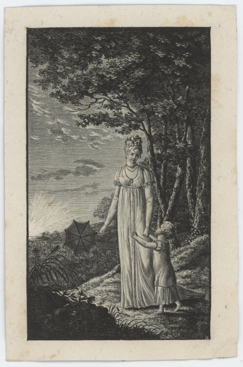 Friedrich Wilhelm Gubitz - Mutter und Kind im Wald - undatiert - Holzstich in Blaugrau und Schwarz