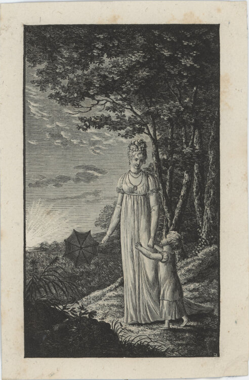 Friedrich Wilhelm Gubitz - Mutter und Kind im Wald - undatiert - Holzstich in Blaugrau und Schwarz