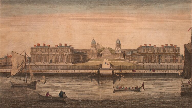 Jacques Huquier -  Vue perspective de lHospital de Greenwich - um 1760 - Kupferstich koloriert