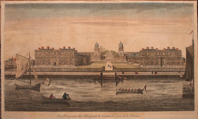 Jacques Huquier -  Vue perspective de lHospital de Greenwich - um 1760 - Kupferstich koloriert