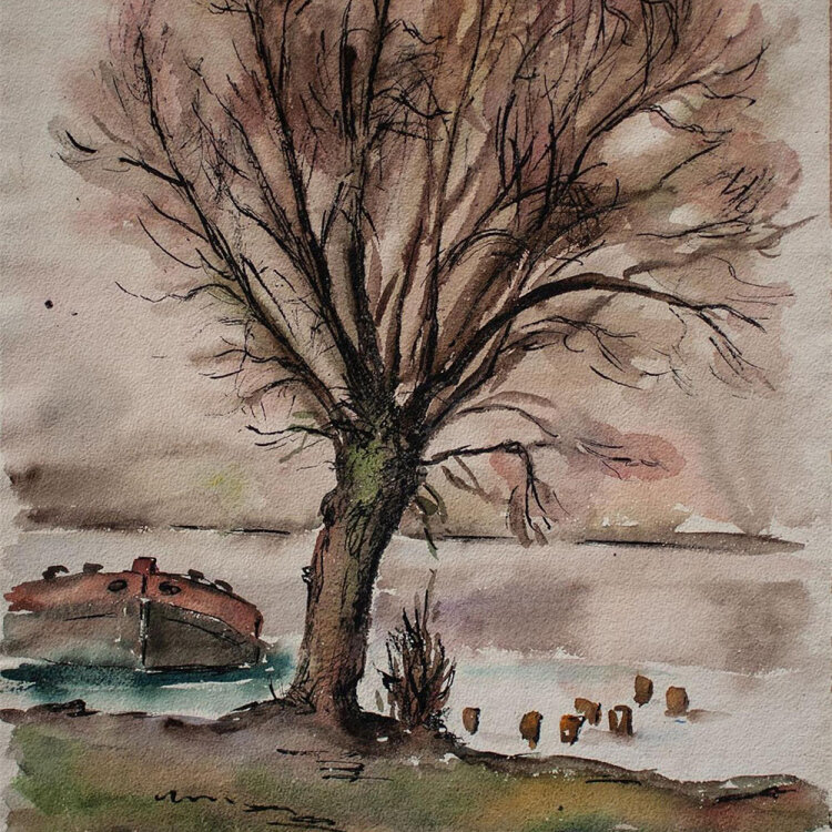 unbekannt - Flußlandschaft mit Schleppkahn - undatiert - Aquarell
