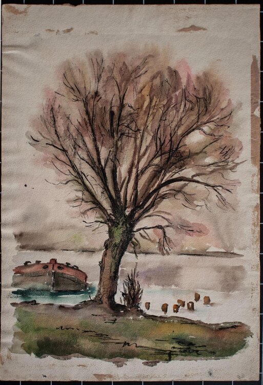 unbekannt - Flußlandschaft mit Schleppkahn - undatiert - Aquarell