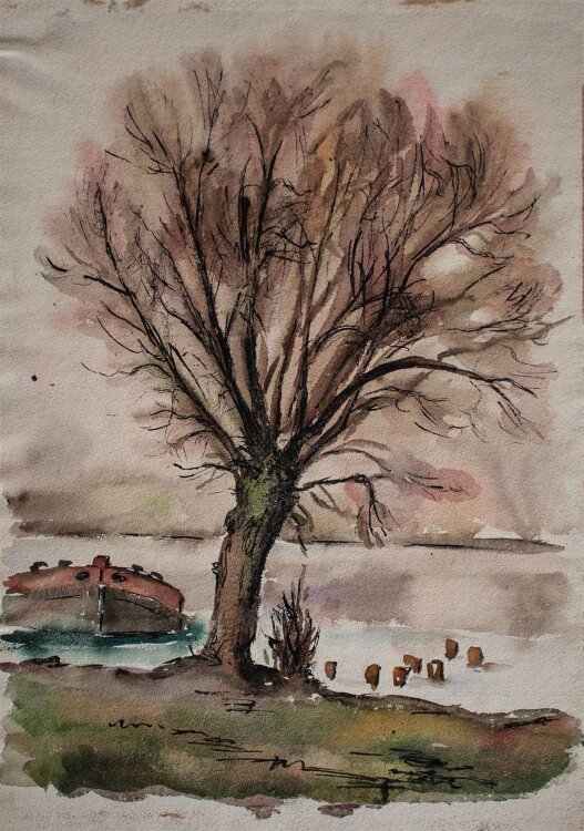 unbekannt - Flußlandschaft mit Schleppkahn - undatiert - Aquarell