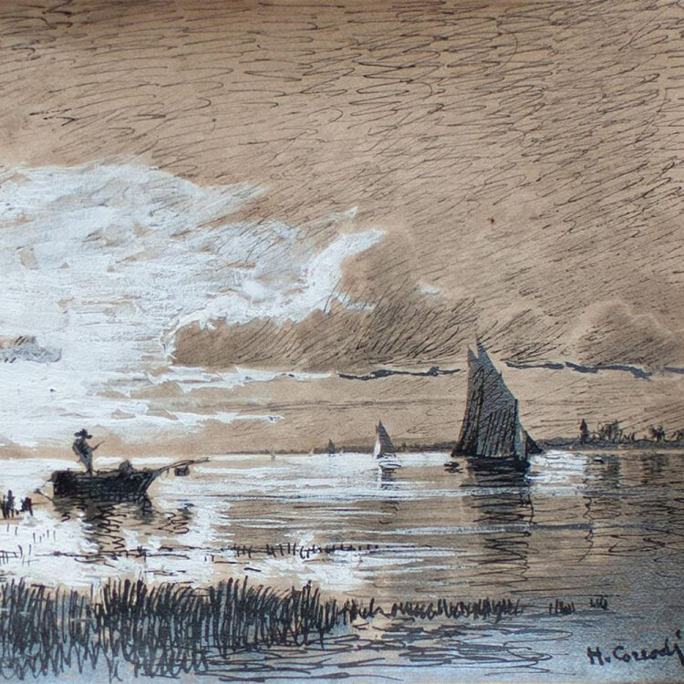 Hermann Corrodi - Flußlandschaft mit Angler - undatiert - Tusche, weiß gehöht