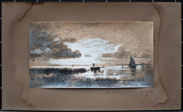 Hermann Corrodi - Flußlandschaft mit Angler - undatiert - Tusche, weiß gehöht