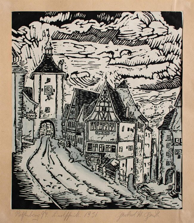 Herbert W. Hoedt - Rothenburg - aquarellierter Linolschnitt - 1931