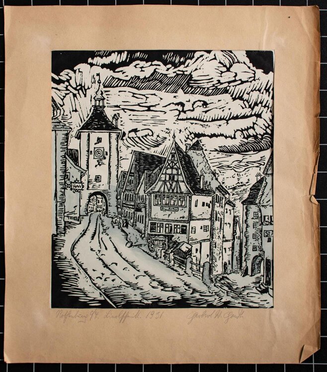 Herbert W. Hoedt - Rothenburg - aquarellierter Linolschnitt - 1931