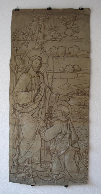 Glasmanufaktur Johann Heinrich Huber-Stutz Zürich - Christus übergibt Petrus die Himmelsschlüssel - undatiert - Aquarell auf Papier, auf Leinwand