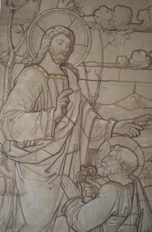 Glasmanufaktur Johann Heinrich Huber-Stutz Zürich - Christus übergibt Petrus die Himmelsschlüssel - undatiert - Aquarell auf Papier, auf Leinwand