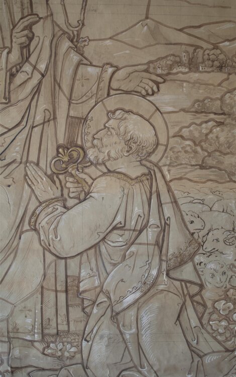 Glasmanufaktur Johann Heinrich Huber-Stutz Zürich - Christus übergibt Petrus die Himmelsschlüssel - undatiert - Aquarell auf Papier, auf Leinwand