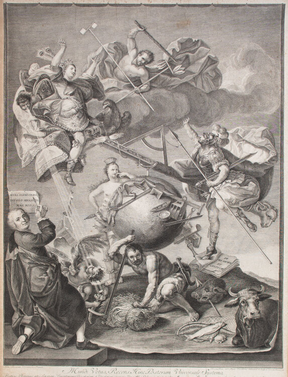 Christoforo dall Acqua - Mundi vetus, recens: Hinc posterum universale systema / Tabula Rivieriana Prima - 1772 - Radierung