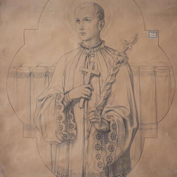 Glasmanufaktur Johann Heinrich Huber-Stutz Zürich - Heiliger Aloysius/ /Aloisius von Gonzaga - undatiert - Kohle auf Papier, auf Leinwand