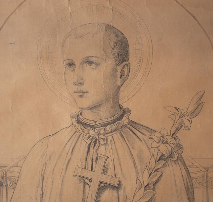 Glasmanufaktur Johann Heinrich Huber-Stutz Zürich - Heiliger Aloysius/ /Aloisius von Gonzaga - undatiert - Kohle auf Papier, auf Leinwand