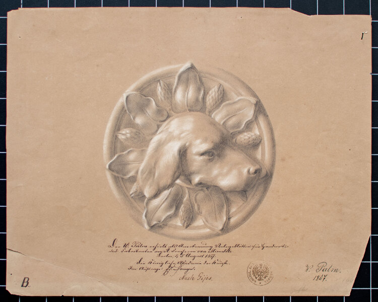 Wilhelm Palm - Kopf eines Jagdhundes - Studie nach Gips - 1867 - Bleistift, partiell weiß gehöht