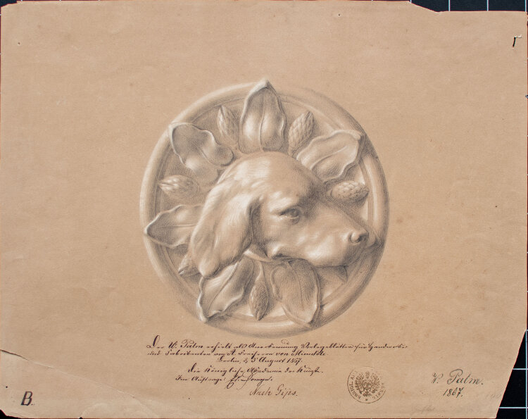 Wilhelm Palm - Kopf eines Jagdhundes - Studie nach Gips - 1867 - Bleistift, partiell weiß gehöht