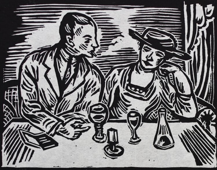 Max Unold - Wein trinkendes Paar - um 1920 - Holzschnitt