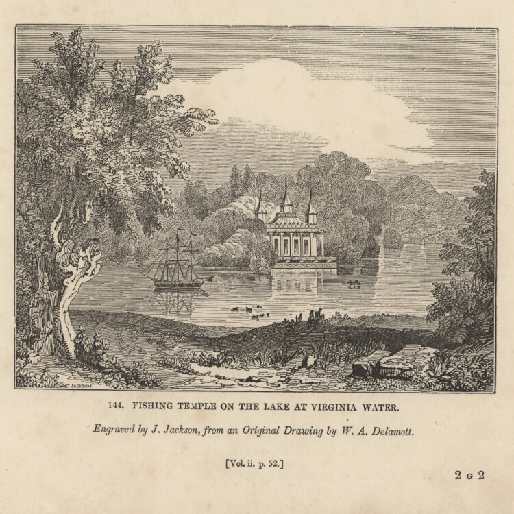 J. Jackson - Fishing Temple on the lake at Virginia Water. - 1843, Stahlstich