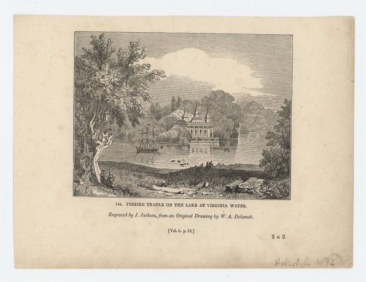 J. Jackson - Fishing Temple on the lake at Virginia Water. - 1843, Stahlstich