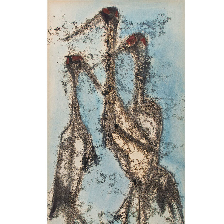 Willi Ulfig - Drei Kraniche - 1968 - Monotypie, aquarelliert