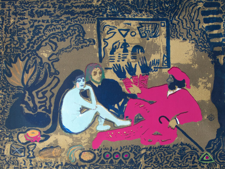 Strawalde - Das Frühstück im Freien - 1982 - Farbserigrafie, partiell mit Farbkreide überarbeitet