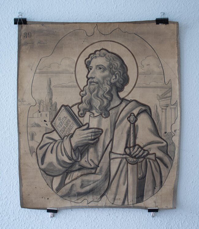 Glasmanufaktur Johann Heinrich Huber-Stutz Zürich - Apostel Paulus - undatiert - Aquarell/ Kreide laviert auf Papier, auf Leinwand