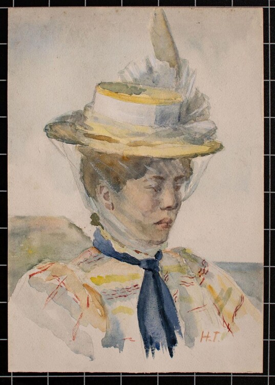 Monogramm H. T. - Weibliches Bildnis mit Hut - um 1900 - Aquarell
