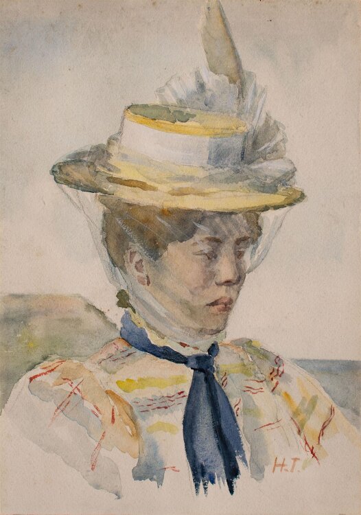 Monogramm H. T. - Weibliches Bildnis mit Hut - um 1900 - Aquarell