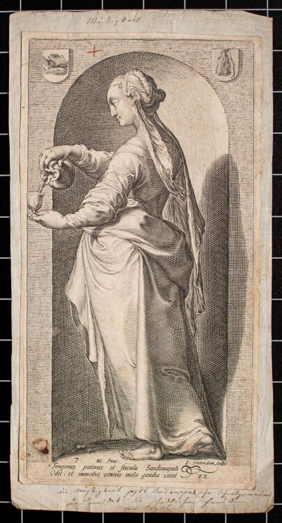 Jan Saenredam nach Hubert Goltzius - Temperis Pateras et Fercula Sardanapali Odit - undatiert - Kupferstich
