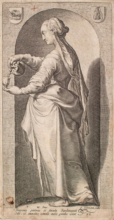Jan Saenredam nach Hubert Goltzius - Temperis Pateras et Fercula Sardanapali Odit - undatiert - Kupferstich
