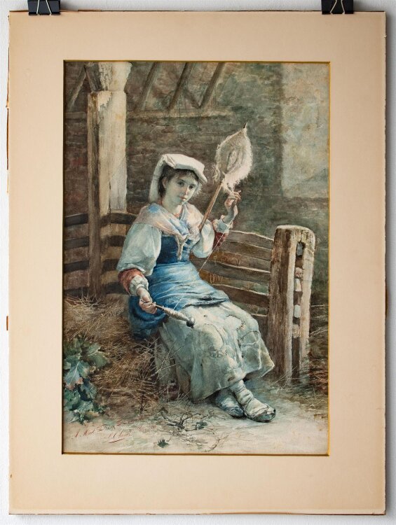 Luigi Olivetti - Junge Frau beim Weben - 1882 - Aquarell