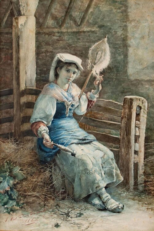 Luigi Olivetti - Junge Frau beim Weben - 1882 - Aquarell