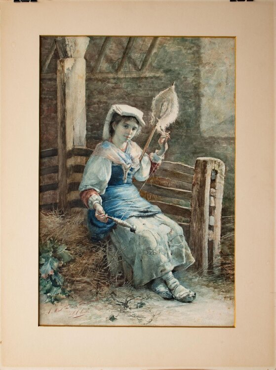 Luigi Olivetti - Junge Frau beim Weben - 1882 - Aquarell