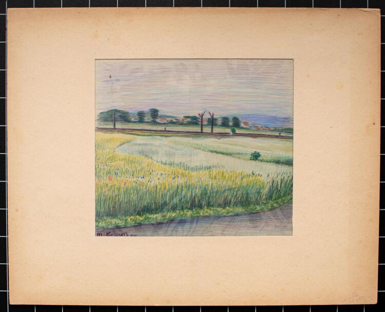 Martin Krauß - Feldlandschaft mit Dorf - 1944 - Farbstiftzeichnung