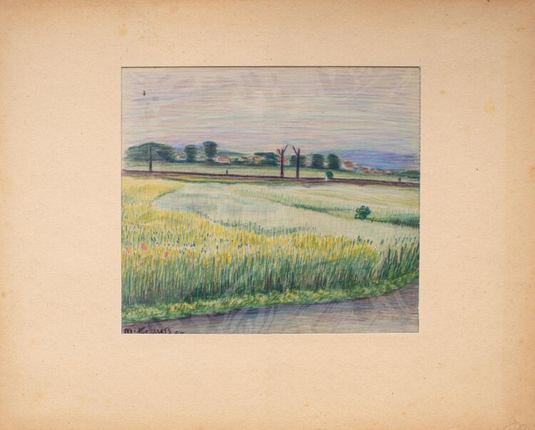 Martin Krauß - Feldlandschaft mit Dorf - 1944 - Farbstiftzeichnung