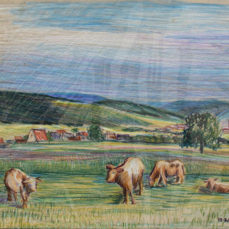 Martin Krauß - Kühe auf der Weide - 1944 - Farbstiftzeichnung