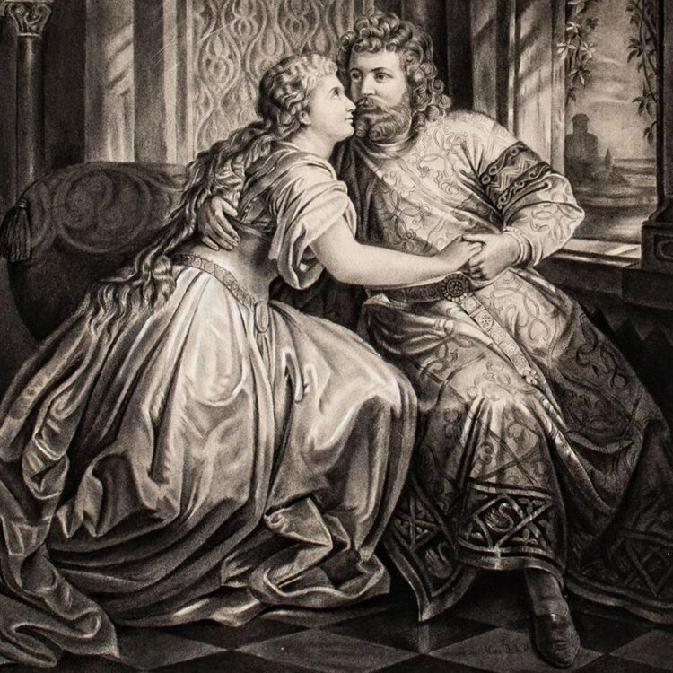 Josephine Söbörg-Merz - Elsa und Lohengrin - 1879 - Kohlezeichnung, weiß gehöht