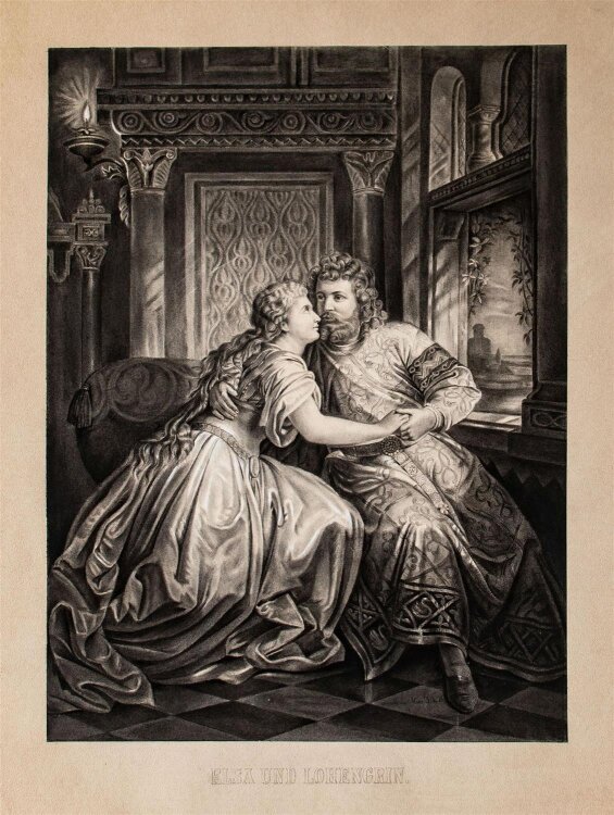 Josephine Söbörg-Merz - Elsa und Lohengrin - 1879 - Kohlezeichnung, weiß gehöht