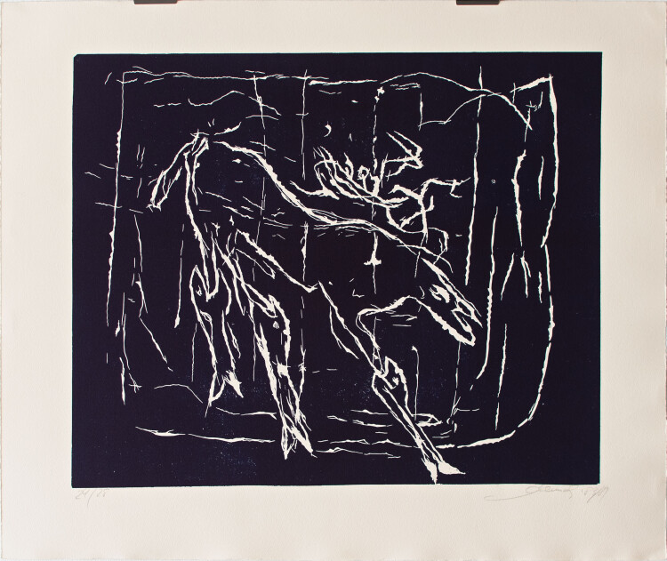 Hans Peter Adamski - o.T. (Pferd und Fische) - 1983/1989 - Linolschnitt in Schwarzblau