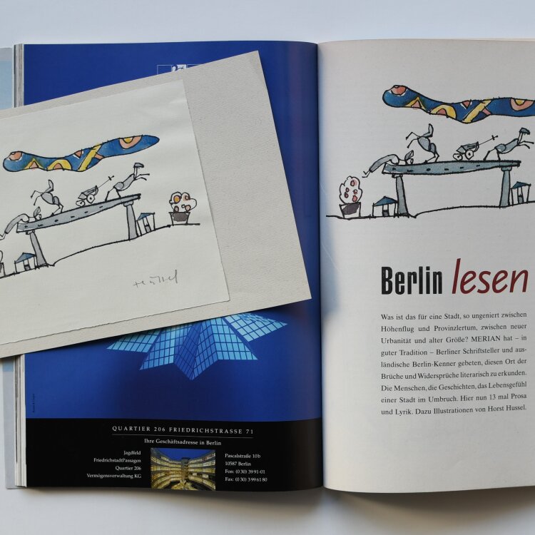 Horst Hussel - Merian-Magazin mit 4 Originalillustrationen zum Thema Berlin - 1998 - Tinte und Aquarell