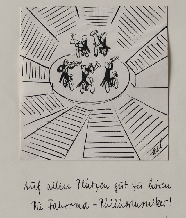 Hans-Joachim Stenzel (zel) - Auf allen Plätzen gut zu hören: Die Fahrrad-Philharmoniker! - 1958 - Tinte und Tusche