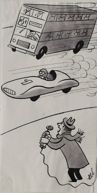 Hans-Joachim Stenzel (zel) - ...an der Spitze Weltmeister fangio auf maserati, gefolgt von Oskar Krause auf BVG-Schnellbus..." - 1958 - Tinte, Tusche und Gouache"
