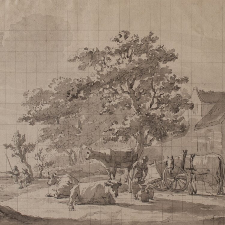 Gillis Smak Gregoor - Gehöft mit Bauern und Tieren - 1770 - Lavierte Bleistiftzeichnung