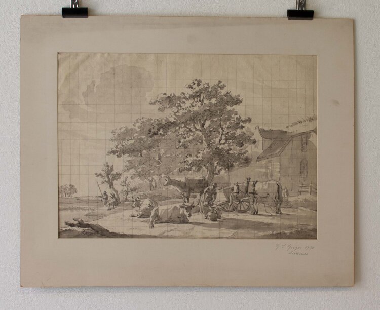 Gillis Smak Gregoor - Gehöft mit Bauern und Tieren - 1770 - Lavierte Bleistiftzeichnung