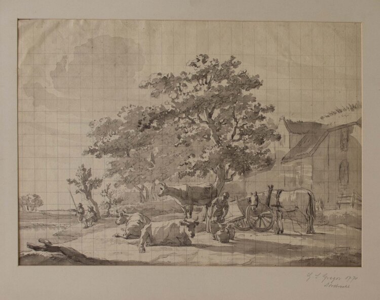 Gillis Smak Gregoor - Gehöft mit Bauern und Tieren - 1770 - Lavierte Bleistiftzeichnung