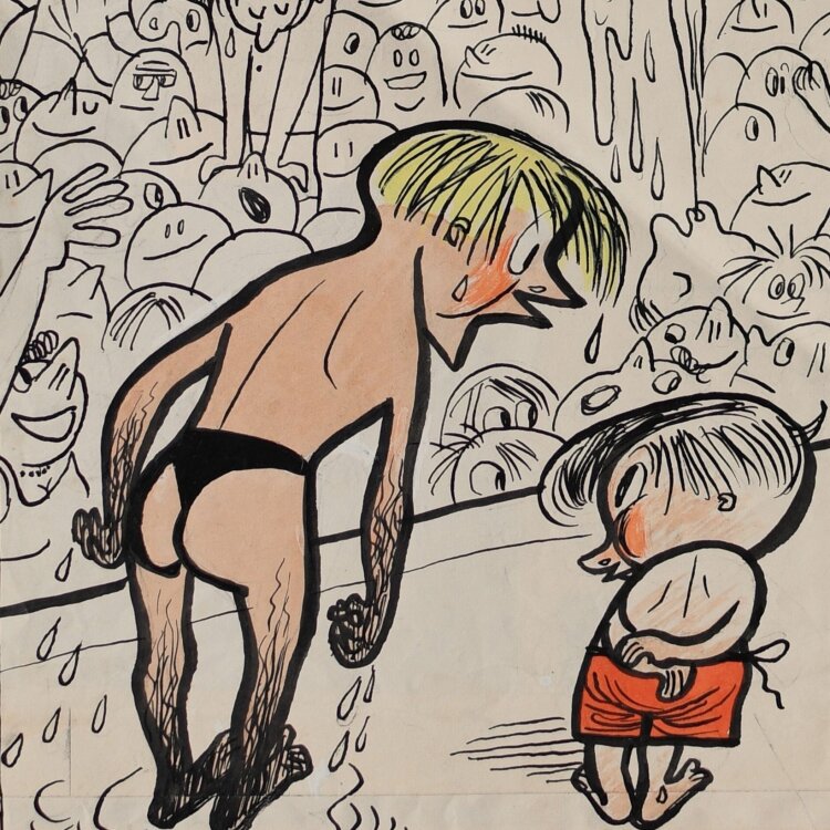 BER - Sowie du ne freie Stelle siehst, mußte rinhopsen, sonst kommste nie int Wasser!" - ca. 1958 - Tinte und Gouache"