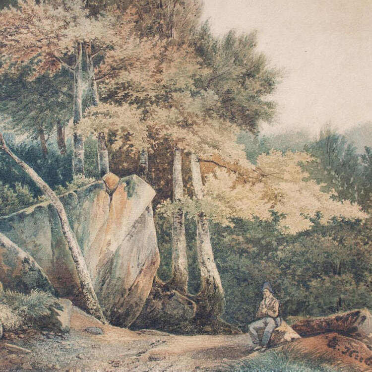 Huber - Landschaft mit Wanderer - undatiert - Aquarell