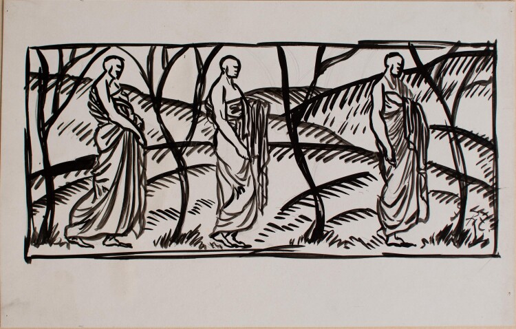 Fritz Zalisz - Antike Figuren in südlicher Landschaft - 1920er Jahre - Tusche über Bleistift