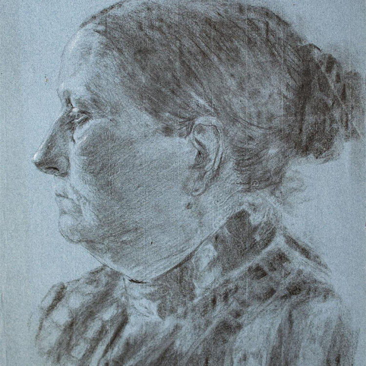 unbekant - Bildnis einer Frau mit Haarknoten - um 1900 - Kohlezeichnung auf blauem Bütten