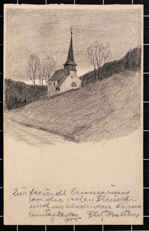 Unbekannt - Landschaft mit Kirche - Bleistiftzeichnung - 1905