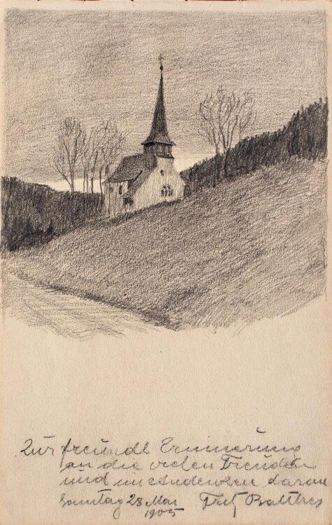 Unbekannt - Landschaft mit Kirche - Bleistiftzeichnung - 1905